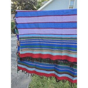 Vtg 80s Handmade Crochet Afghan Rectangular 88" X 77"  Blanket Stripe Multi